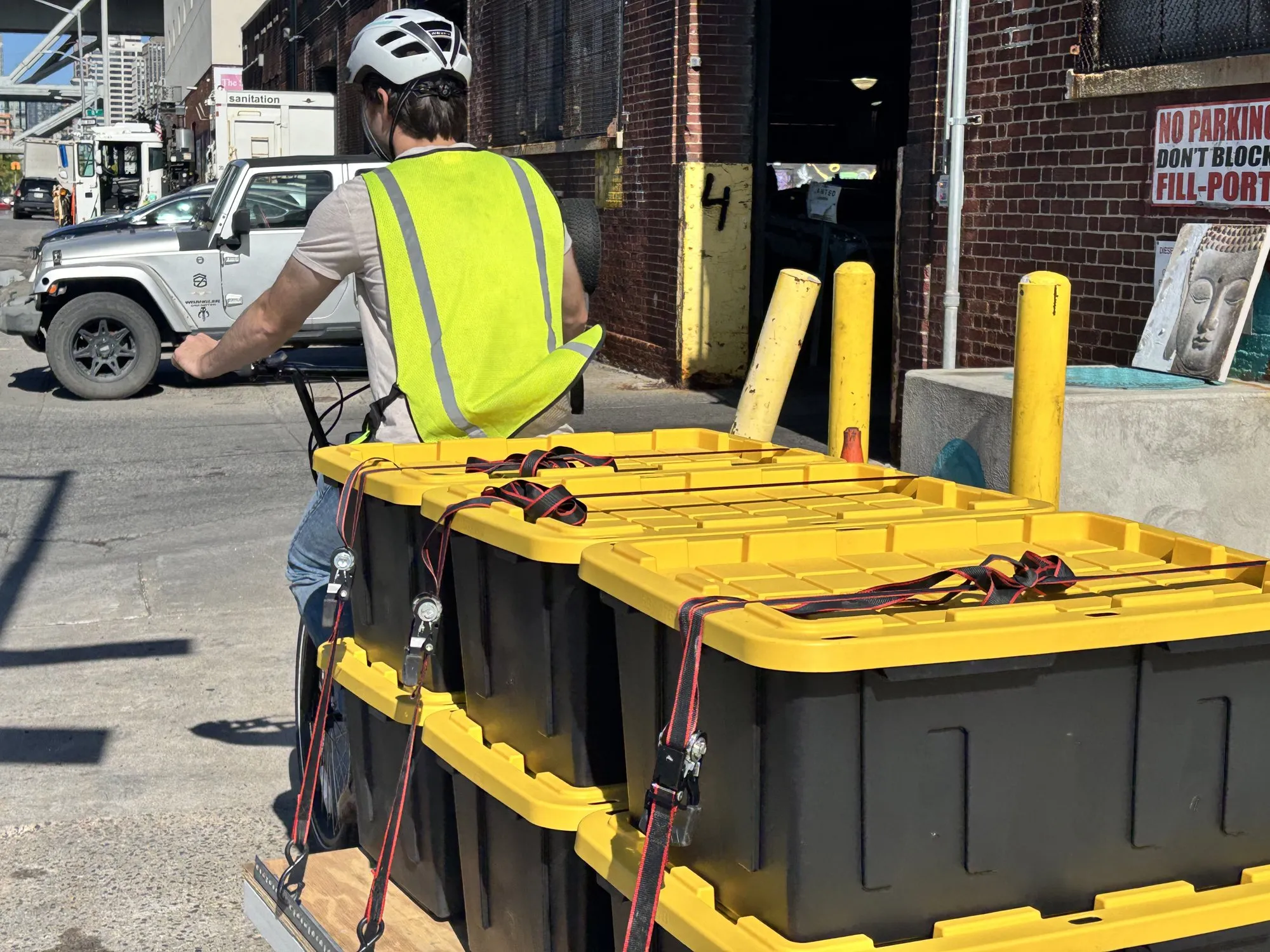 Strapped-down totes on the flatbed trailer