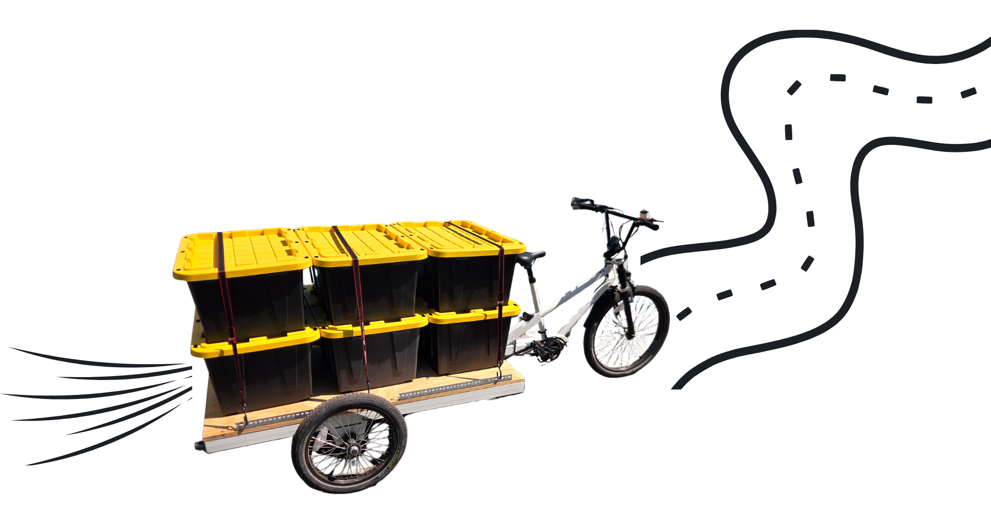 A cargo bike loaded with totes, riding a winding route line.